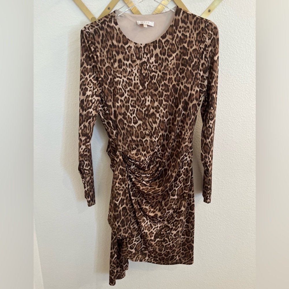 Wayf Leopard Print Long Sleeve Faux Wrap Dress Medium